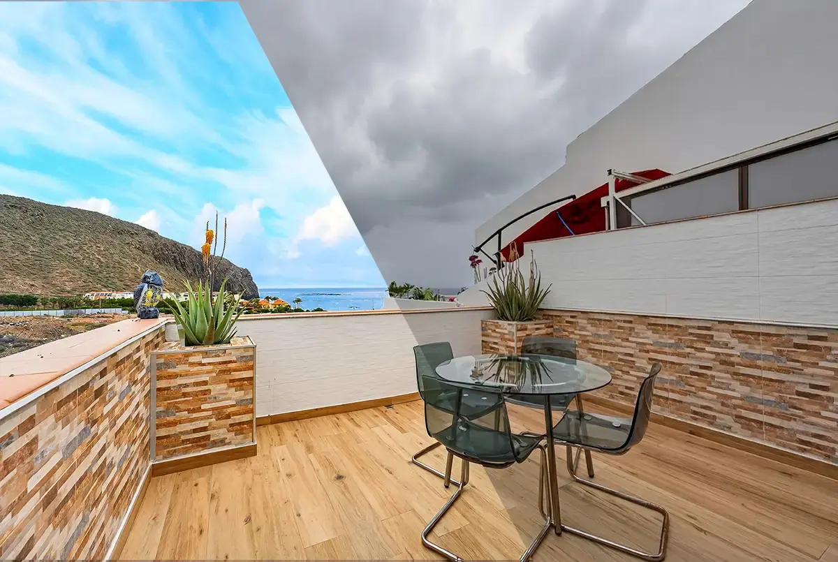 La misma terraza con cielo nublado y con cielo despejado