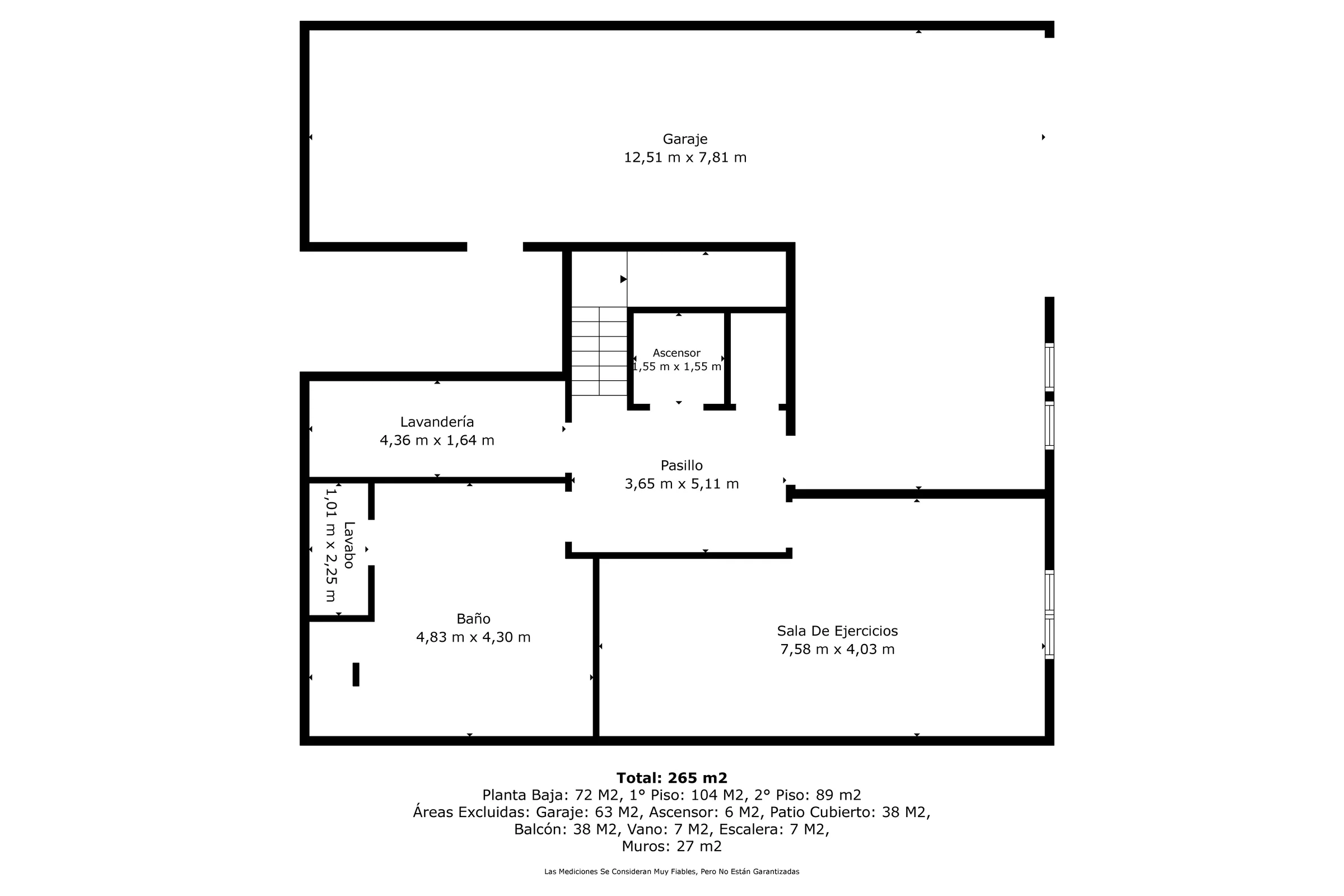 Plano 2D, planta baja: garaje, gimnasio y lavandería
