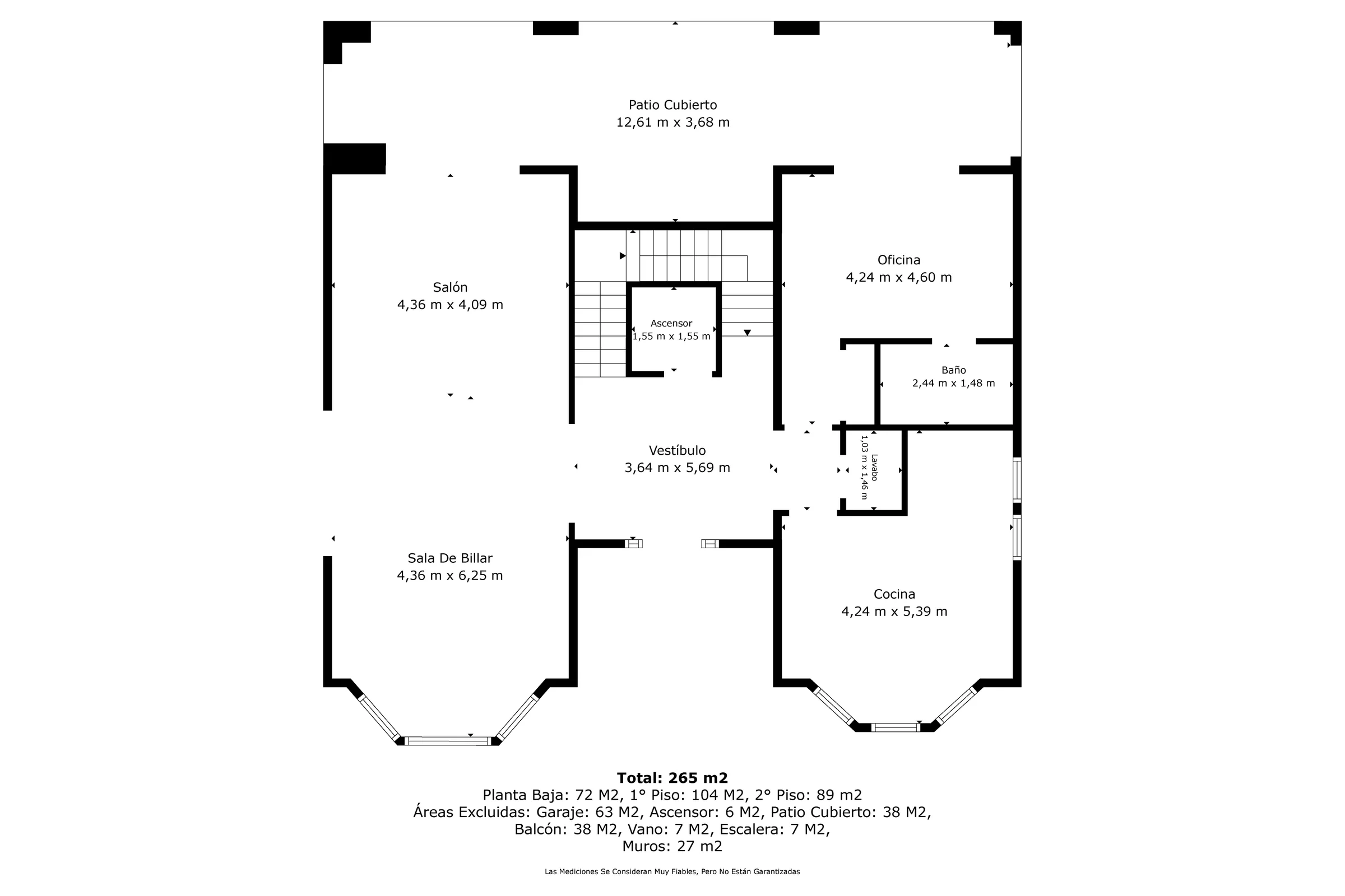 Plano 2D, primera planta: salón, cocina y oficina