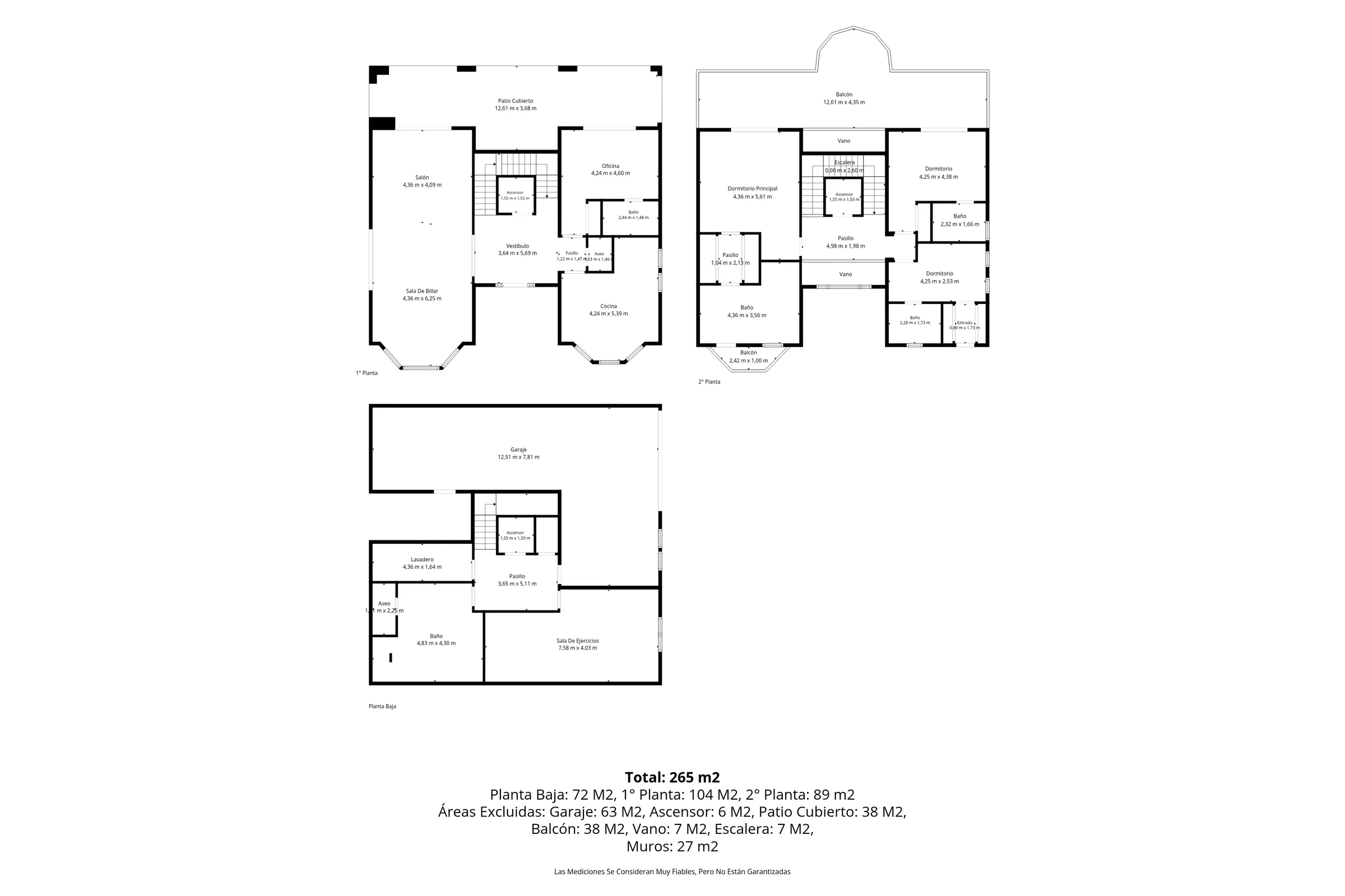 Plano 2D, todas las plantas: 265 m² con medidas